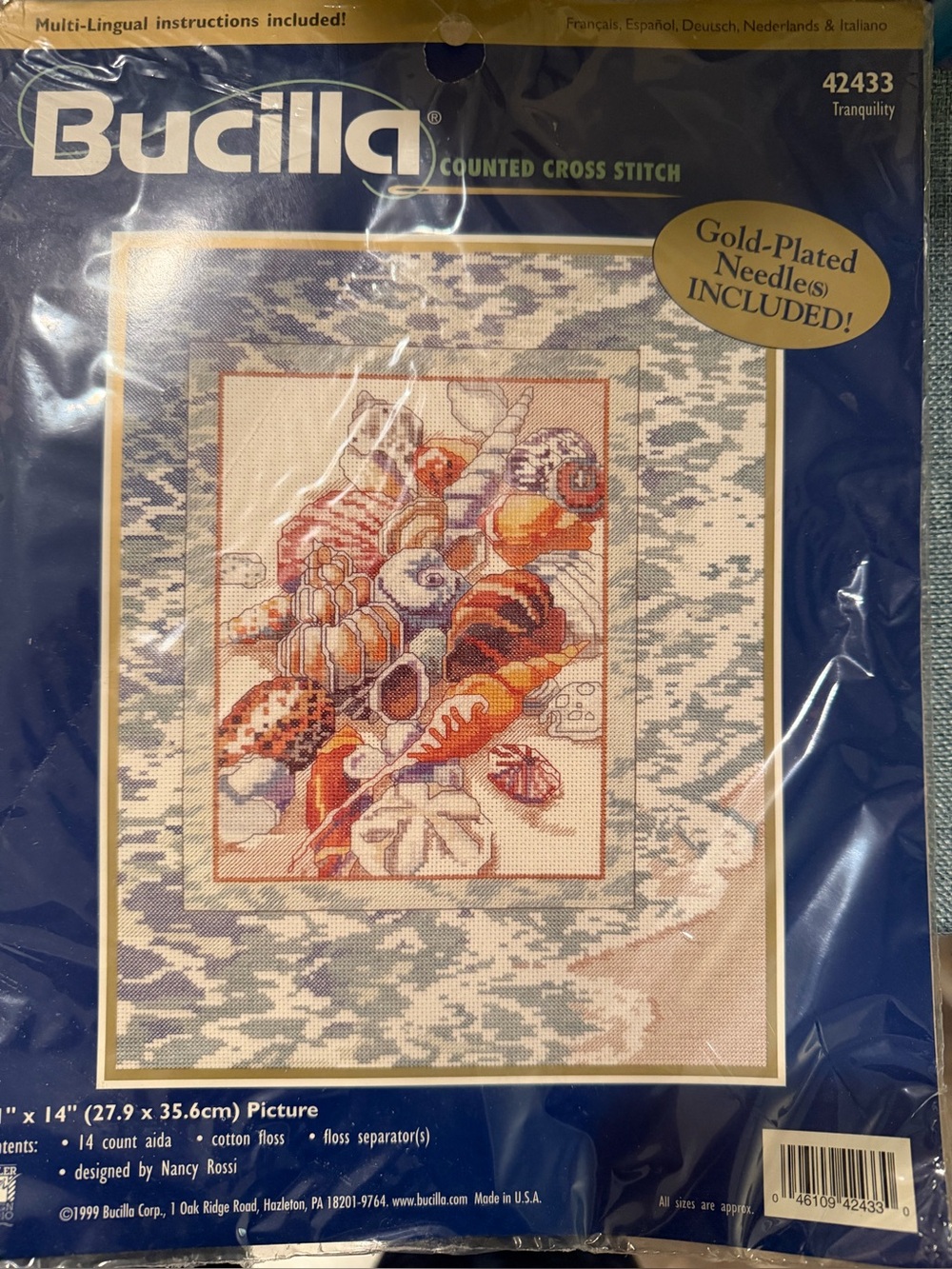 **Vintage** Bucilla Seashell Cross Stitch Kit in Blue and Orange
